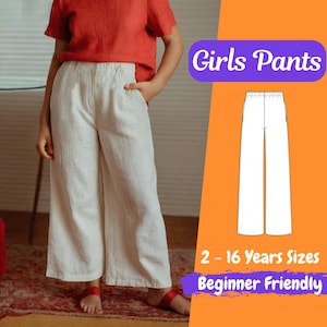May include: A pair of wide-leg trousers in white with a drawstring waist. The trousers are shown on a model wearing a red top. The image includes the text "Girls Pants", "2 - 16 Years Sizes", and "Beginner Friendly".