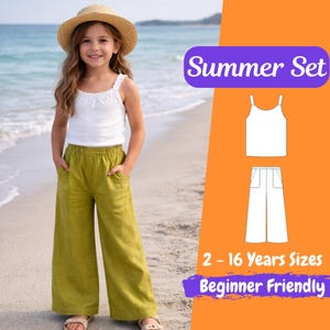Peut inclure: Une jeune personne porte un débardeur blanc et un pantalon large vert olive, debout sur une plage. L'ensemble fait partie d'un ensemble d'été, avec des tailles disponibles pour les âges 2-16 ans. L'image comprend également un schéma du haut et du pantalon.