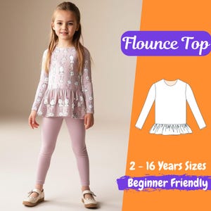 May include: A young girl wearing a long-sleeved, light purple flounce top with a repeating white bunny pattern, paired with matching leggings. The image also features a diagram of the top and text that reads "Flounce Top", "2 - 16 Years Sizes", and "Beginner Friendly".
