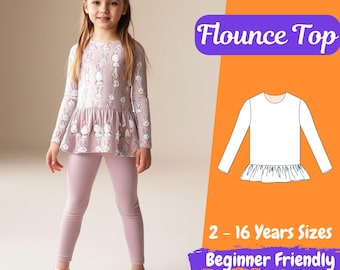 Patrón de costura para blusa de tirantes con volantes de manga larga para niñas / Patrón de blusa para niños / Patrón para principiantes de camisa de verano de manga larga abullonada de 2 a 16 años