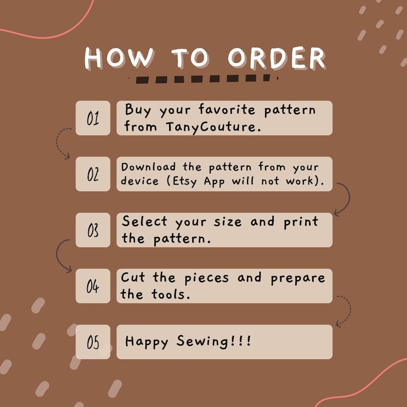 Pu&ograve; includere: Grafica marrone con il testo "HOW TO ORDER" e passaggi numerati. Le istruzioni includono l'acquisto di un modello da TanyCouture, il download, la selezione di una taglia, la stampa, il taglio dei pezzi e la preparazione degli strumenti. L'ultimo passaggio dice "Happy Sewing!!!"