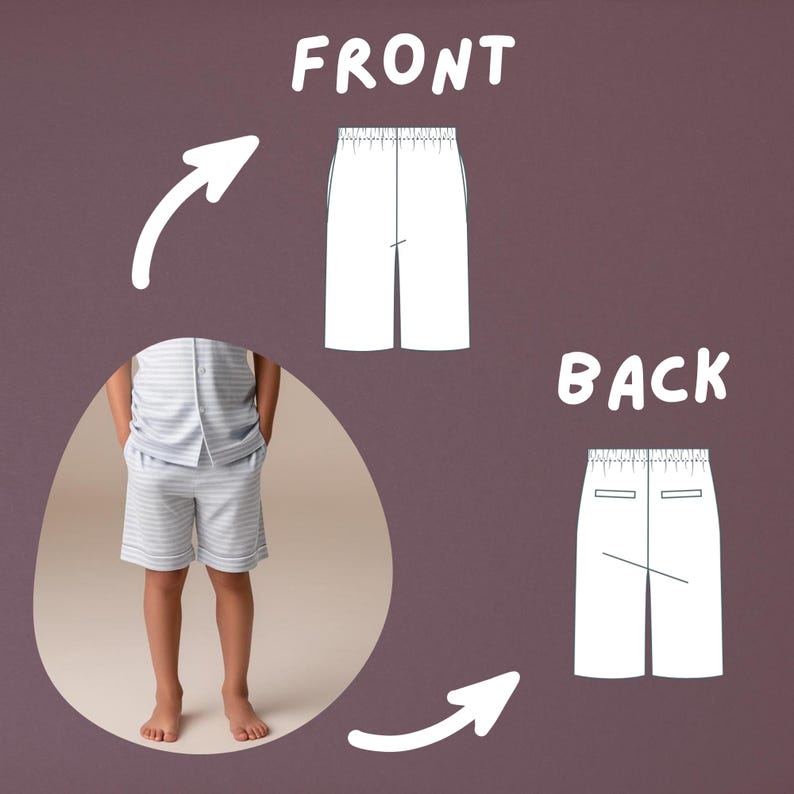 May include: Light blue and white striped shorts. The image shows the front and back views of the shorts, along with a photo of a person wearing the shorts. The word "FRONT" and "BACK" are written above the shorts.