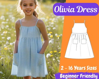 Kids Summer Dress Sewing Pattern, Loose Straps Dress with Pockets PDF Pattern, Girls Summer Dress Patterns 2 - 16 Years Begginer Friendly