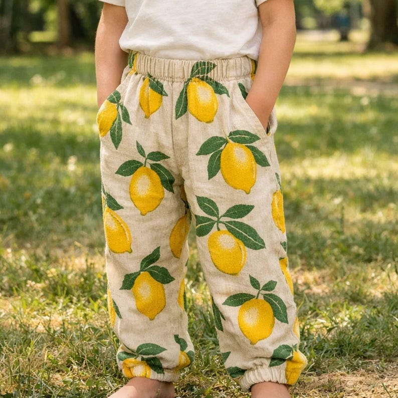 May include: Beige trousers featuring a pattern of yellow lemons and green leaves. The trousers have an elasticated waistband and pockets. The fabric looks like a lightweight linen or cotton blend. The trousers are designed for children.