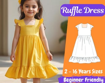 Kids Ruffle Dress, Girls Summer Dress Sewing Pattern, Toddlers Dress Beginner Pattern, Kids Sewing Pattern, Dress PDF Pattern  2 - 16 Years