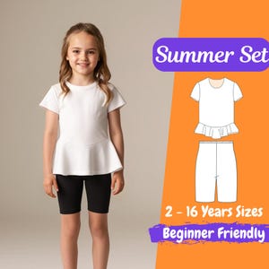 May include: A young girl wearing a white peplum top and black shorts. The image includes a diagram of a summer set, with a top and shorts, and text that reads "Summer Set", "2 - 16 Years Sizes", and "Beginner Friendly".