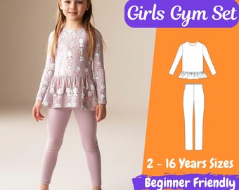 Mädchen Gym Set PDF Schnittmuster Kinder Loungewear Top und Leggins Hose Schnittmuster Set Kinder 2-16 Jahre Outfit Schnittmuster