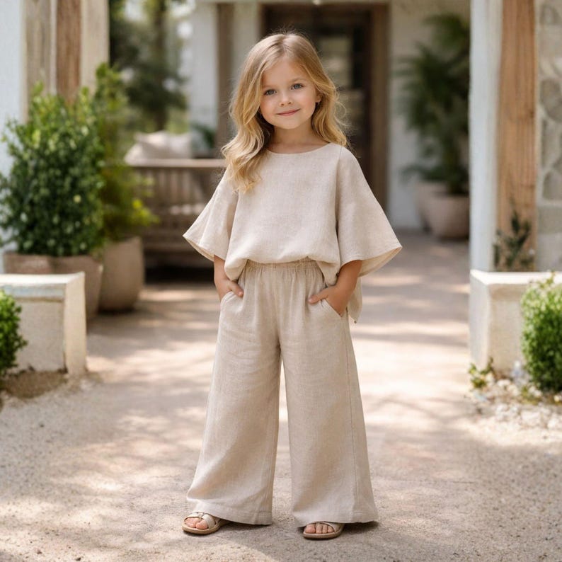Pu&ograve; includere: Un completo in lino beige per bambini. Include un top ampio con maniche a campana e pantaloni a gamba larga. Il bambino indossa anche sandali. Il completo &egrave; realizzato in un tessuto leggero e traspirante, ideale per l'estate.