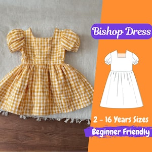 Puede incluir: Vestido Bishop a cuadros amarillos y blancos con mangas cortas abullonadas. El vestido tiene un escote cuadrado y una falda acampanada. La imagen también incluye una ilustración del patrón del vestido y el texto "Bishop Dress", "2 - 16 Years Sizes" y "Beginner Friendly".