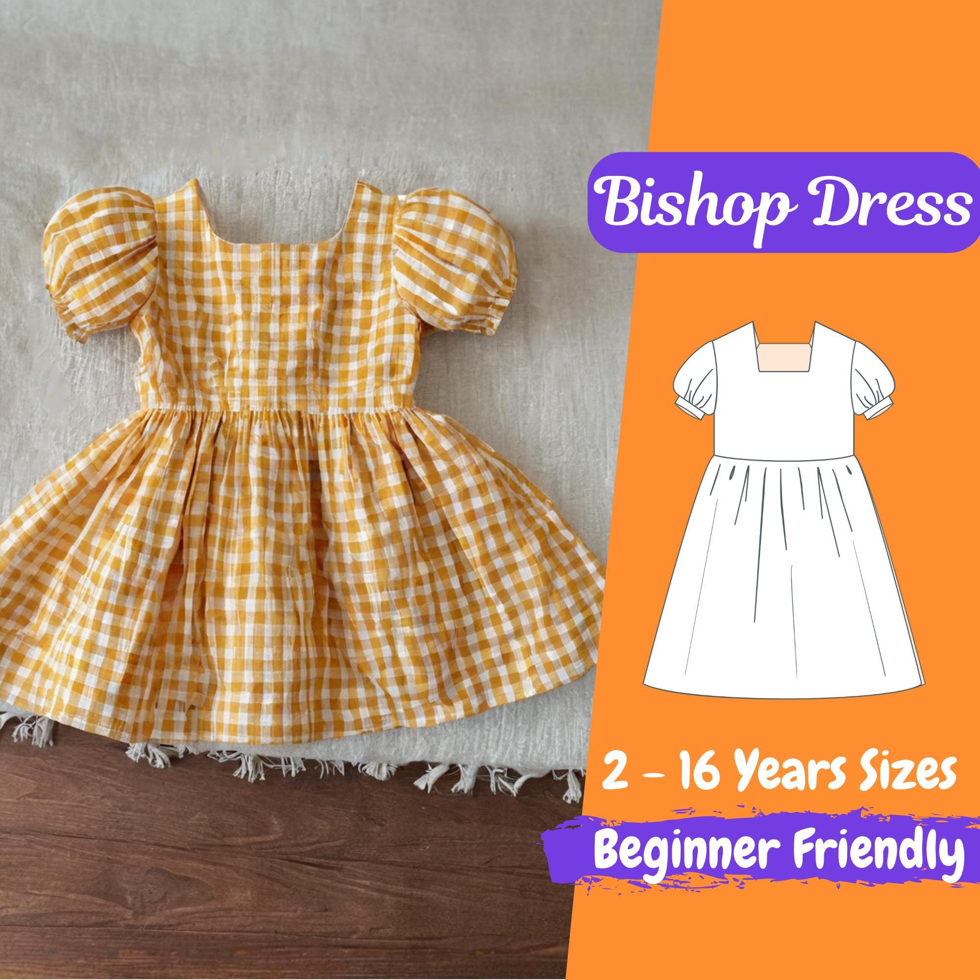 Kids Square Neckline Summer Dress Pattern Gathered Plaid Linen Dress Sewing Pattern for 2 - 16 Years Girls, Toddlers Dress Beginner Pattern