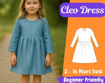 Cleo Dress Sewing Pattern, Girls Long Sleeve Dress PDF, Gathered Skirt, Beginner Friendly, Sizes 2-16 Years, Instant Download