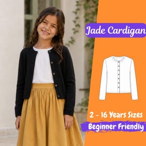 May include: A black long-sleeved cardigan with a round neckline and a front button closure. The image includes a white line drawing of the garment, the text Jade Cardigan, 2 - 16 Years Sizes, and the phrase Beginner Friendly on an orange background.
