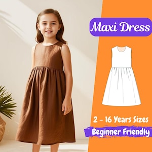 Mädchen Maxi Sommer Kleid Schnittmuster Kinder Raffung Hochzeitskleid PDF Schnittmuster Ärmellos Leinenkleid Schnittmuster für 2 - 16 Jahre Kinder