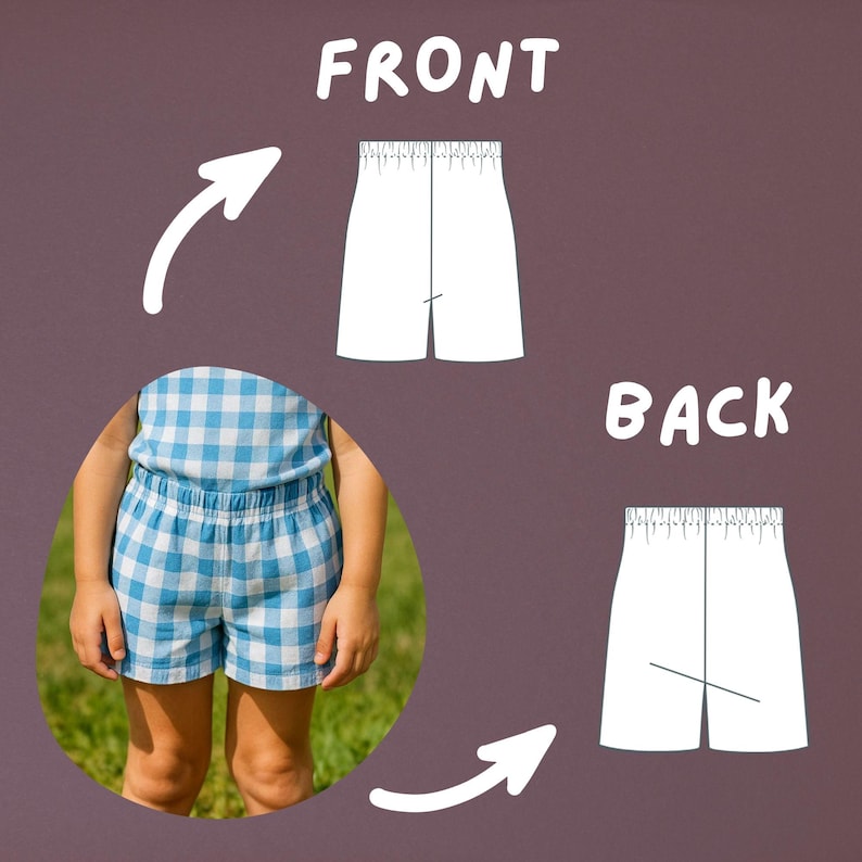 Pu&ograve; includere: Pantaloncini a quadri blu e bianchi con elastico in vita. L'immagine mostra le viste anteriore e posteriore dei pantaloncini, insieme a una persona che li indossa. Le parole "FRONT" e "BACK" sono visualizzate.
