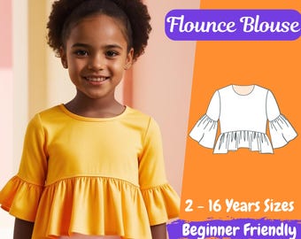 Girls Flare Sleeve Blouse Sewing Pattern Flounce Tank Top for Kids PDF Pattern Ruffle Summer Baby Shirt Pattern 2 - 16 Y Beginner Pattern
