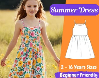 Flower Girls Dress Sewing Pattern Kids Straps Summer Dress PDF Pattern Sleeveless Dress for Girls 2 - 16 Years Beginner Pattern