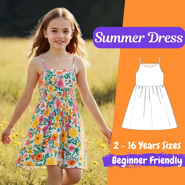 Flower Girls Dress Sewing Pattern Kids Straps Summer Dress PDF Pattern Sleeveless Dress for Girls 2 - 16 Years Beginner Pattern