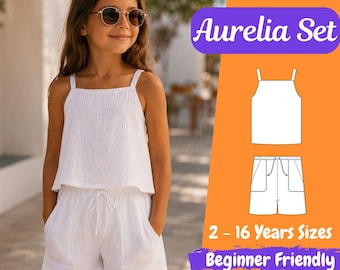 Modello PDF per completo estivo da bambina, top e pantaloncini in lino, cartamodello per abbigliamento per bambini