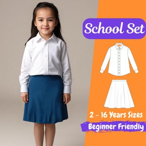 Op de afbeelding: Een wit overhemd met lange mouwen en een tealblauwe rok, een naaipatroon voor een schooluniformset voor kinderen van 2 tot 16 jaar. Het patroon is gemarkeerd met "School Set" en "Beginner Friendly".