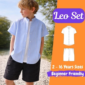 Può includere: Un ragazzo indossa una camicia a maniche corte a righe bianche e azzurre, una maglietta bianca e pantaloncini neri. L'immagine include il testo "Leo Set", "2 - 16 Years Sizes" e "Beginner Friendly".