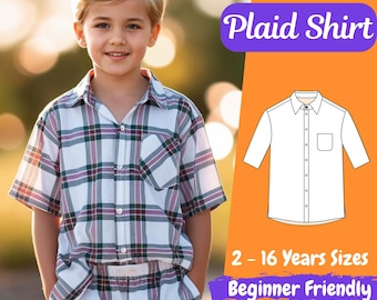 Boys Shirt Sewing Pattern Short Sleeve Pocket Shirt Pattern Kids Summer Plaid T Shirt Sewing Patterns for Children 2 - 16 Y Beginner Pattern