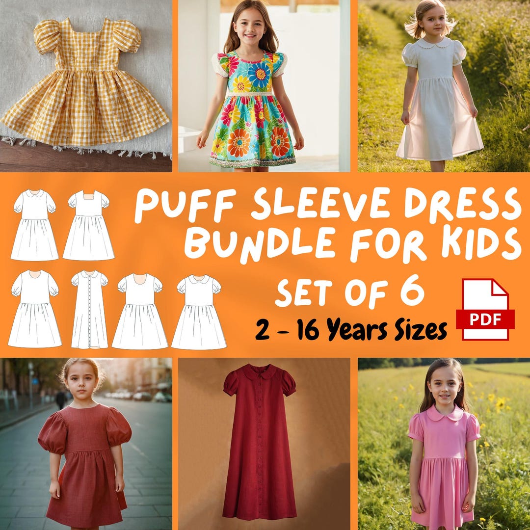 Girls Puff Sleeve Dress Sewing Pattern Bundle Summer Peter Pan