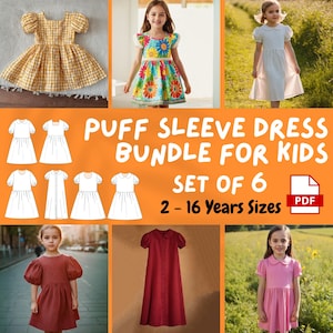 May include: A set of six puff sleeve dress patterns for children, sizes 2-16 years. The patterns are shown on a white background with a yellow, orange, and red border. The text "Puff Sleeve Dress Bundle for Kids Set of 6 2-16 Years Sizes PDF" is displayed on the border.