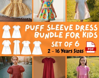 Girls Puff Sleeve Dress Sewing Pattern Bundle Summer Peter Pan Collar Linen Dress Pattern 6 Cottagecore Kids Dress PDF Pattern 2 - 16 Years