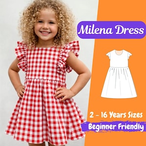 Può includere: Una bambina indossa un vestito a quadri rossi e bianchi con maniche a balze. L'abito presenta un motivo a quadretti. L'immagine include il testo: "Milena Dress", "2 - 16 Years Sizes" e "Beginner Friendly".