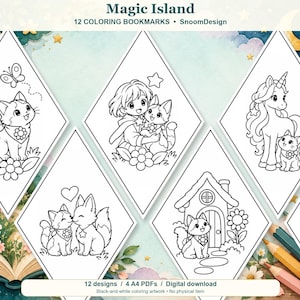 Magic Island Coloring Bookmarks for Kids, Cookie Cat & KOYUKI, 12 Diamond Designs, Printable A4 PDF, Instant Download