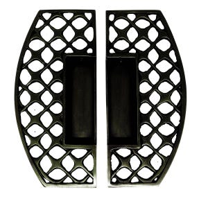 May include: Two dark bronze-colored cabinet pulls. Each pull has a rectangular handle and a decorative openwork design in a diamond pattern. The pulls are symmetrical and designed to be mounted on a cabinet door.
