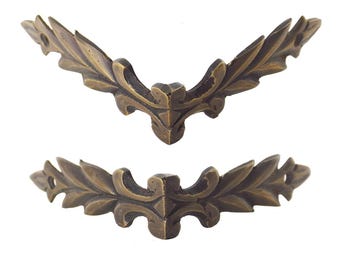 Set of 8 pcs - 87 mm Brass Corner Brace Brackets / L Plate Junction Protector - Laurel Leaf / Antique Brass