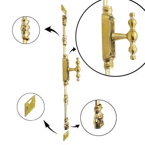 200 cm Solid Brass Cremone Bolt for Windows, Doors & Cabinetry   - Classic Handle / Sateen Brass