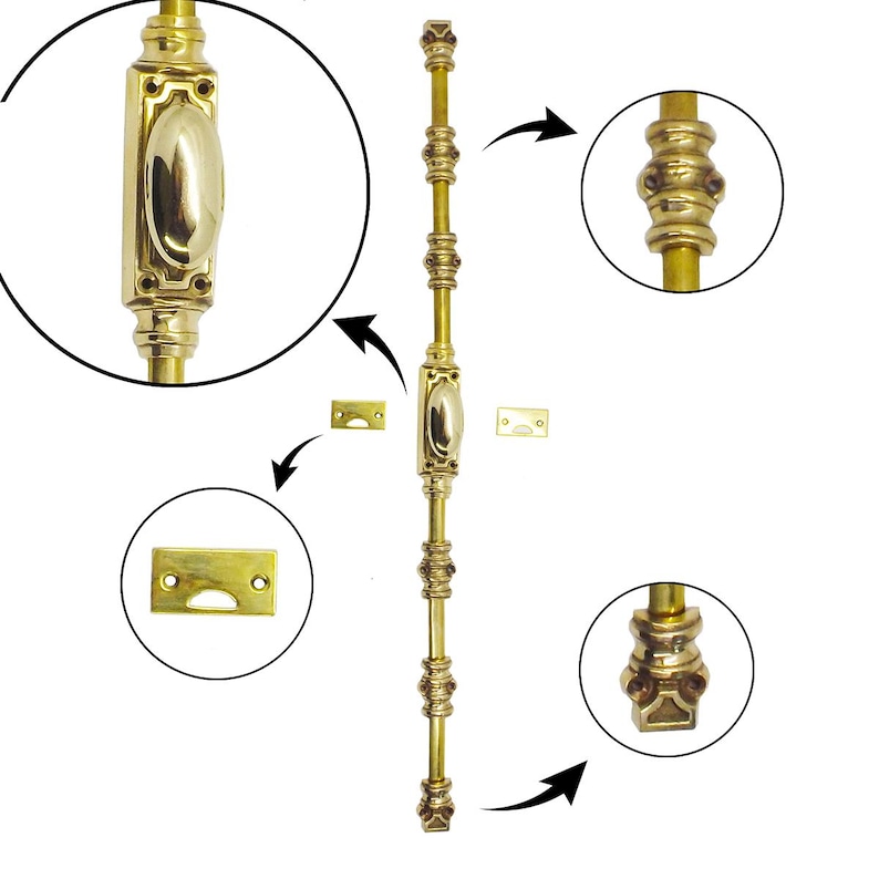 May include: A brass door bolt with an oval handle and decorative detailing. The bolt is long and slender, with several ornate sections and mounting plates. The hardware is a bright gold color.