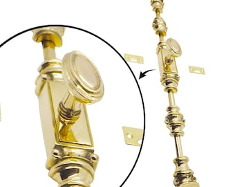 80" Handcrafted Solid Brass Cremone Bolt for Windows & Cabinetry  - Classic Renaisance w/ FlatTop Oval Ringed Knob  / Polished Brass