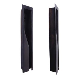 May include: Two dark brown, rectangular cabinet pulls with a modern design. Each pull has a recessed handle area and a sleek, minimalist aesthetic. The pulls are made of wood and have a smooth finish.