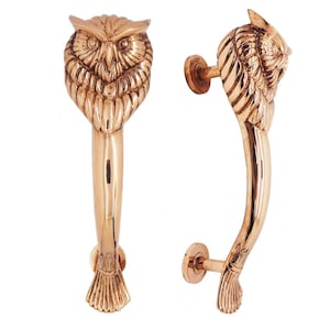 May include: Two bronze-coloured door handles. Each handle features an owl design at the top, with detailed feather and facial features. The handles have a curved shape and are attached to a circular base. The overall design is ornate and decorative.