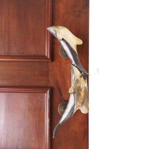 A Pair ( 2 Pcs ) of 11" [ 27.5 cm ] Solid Brass Ornate Twin Dolphin Door Pull - Antique & Polished Brass Combo