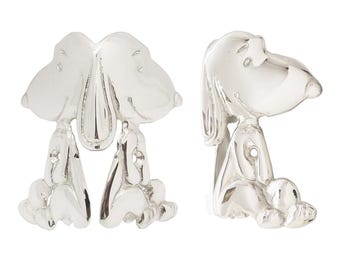 Juego de 2 protectores de esquina de latón macizo de 81 mm hechos a mano para zócalos y gabinetes - Snoopy Dog / Níquel pulido