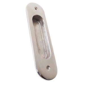 May include: A polished chrome flush pull door handle with a rectangular opening. The handle has rounded edges and two small holes on the bottom.