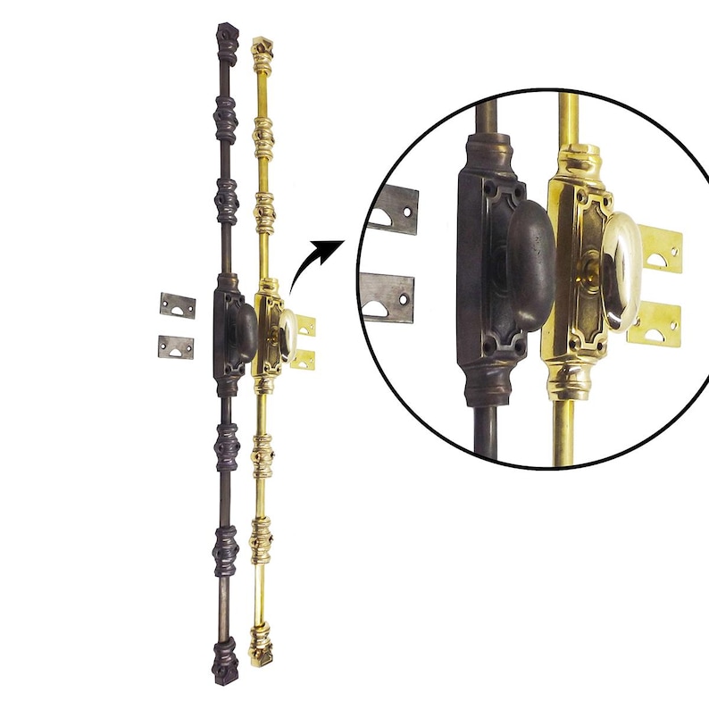 May include: Two antique window sash locks, one in dark bronze and the other in brass, with matching mounting plates. The locks feature ornate detailing and a classic design, perfect for vintage or traditional decor. A close-up shows the intricate details.