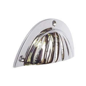 May include: A polished chrome-finished cabinet pull with a shell-like design. The hardware features a curved, half-moon shape with vertical grooves and two screw holes for mounting. The reflective surface catches light.