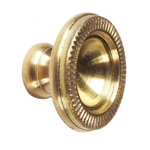 May include: A brass cabinet knob with a rounded base and a circular, ridged edge. The metal has a polished, golden finish. The knob is designed for use on drawers or cabinets.