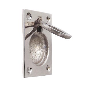 May include: A polished nickel-finished recessed pull with a rectangular backplate. The pull features a textured, oval-shaped center and a hinged, D-shaped handle. The backplate has four screw holes for mounting. Hardware for cabinets and drawers.