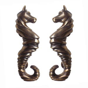 May include: A pair of ornate brass door handles shaped like stylized seahorses. The handles are detailed with textured, swirling patterns and have a polished finish.