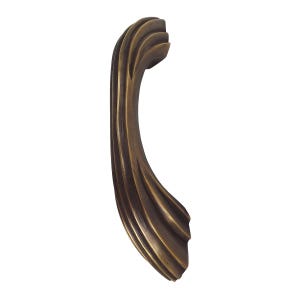 May include: A curved, antique brass cabinet pull with a decorative, ribbed design.