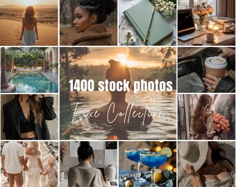 May include: A collage of images showcasing a variety of stock photos, including a woman in a desert, a woman in a brown jacket, a notebook with a pen, a laptop on a desk, a woman in a pool, a woman in a black jacket, a woman in a white dress, a woman in a white shirt, a woman in a black shirt, a woman in a white hat, and two blue cocktails. The text "1400 stock photos Luxe Collection" is displayed in the center of the collage.
