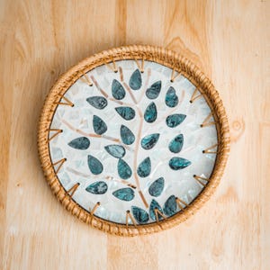 Round Rattan Serving Tray Mother of Pearl Inlay, Wicker Circle Tray, Boho, Rustic, Decorative Coffee Table Centerpiece, Tea & Breakfast Tray