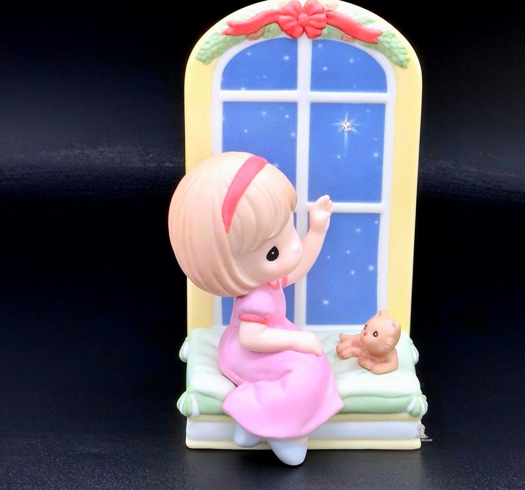 Window Figure Precious Moments Girl at Window With Kitten Christmas Wish Figurine ...