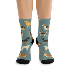 Dog Breed Socks with Corgi, Beagle, Dalmatian & Poodle Patterns | Colorful Pet Lover Gift | NeuroD™-Friendly Cotton Crew Socks